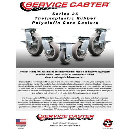Service Caster 5 Inch Thermoplastic Rubber Swivel Caster Set with Ball Bearings 2 Brakes SCC SCC-35S520-TPRBD-2-SLB-2